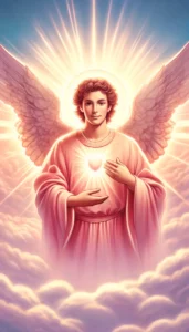 Archangel Chamuel. He is depicted with a warm and compassionate expression, surrounded by a soft pink light that symbolizes unconditional love and peace