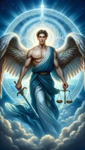 Archangel Raguel. He is depicted with a determined and compassionate expression, surrounded by a blue light symbolizing truth and harmony.