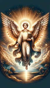 Archangel Uriel holding a book or scroll and a flame or torch