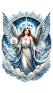 Archangel Haniel. She is depicted with a serene and joyful expression, surrounded by a silvery blue light symbolizing serenity and spiritual illumination.