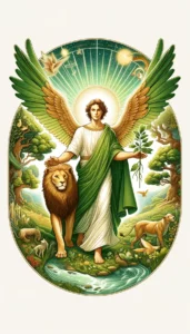 Archangel Ariel. He is depicted with a strong and compassionate expression, surrounded by a green light symbolizing growth and nature. 