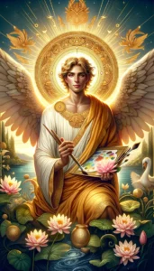 Archangel Jophiel. He is depicted with a serene and inspiring expression, surrounded by a golden light symbolizing beauty and divine inspiration. 