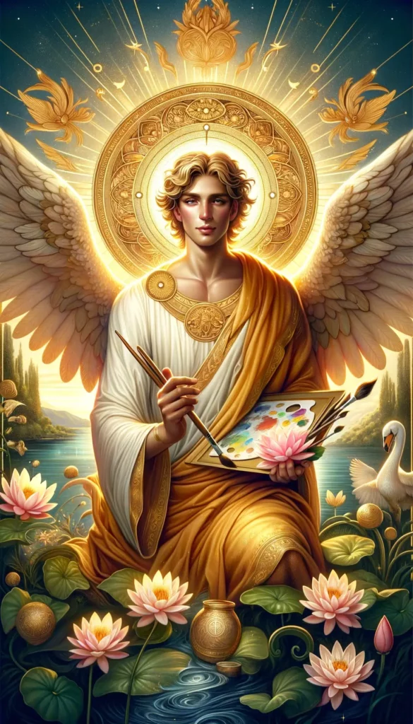 Archangel Jophiel. He is depicted with a serene and inspiring expression, surrounded by a golden light symbolizing beauty and divine inspiration.