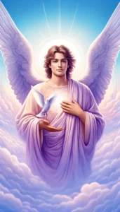 Archangel Zadkiel with a serene and compassionate expression, holding a dove in one hand and having an open hand to symbolize mercy