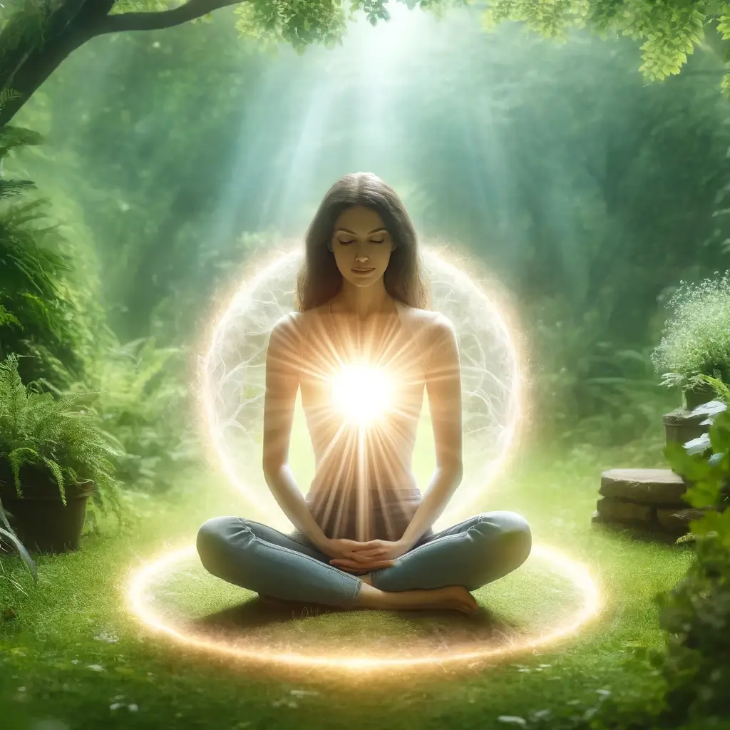 serene meditation scene with a woman focusing on the divine flame of Christ consciousness in a peaceful outdoor setting.