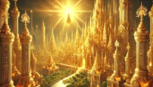 Shamballa, the Golden City, bathed in a radiant, golden light with architecture and an environment that reflect the highest forms of beauty and harmony.